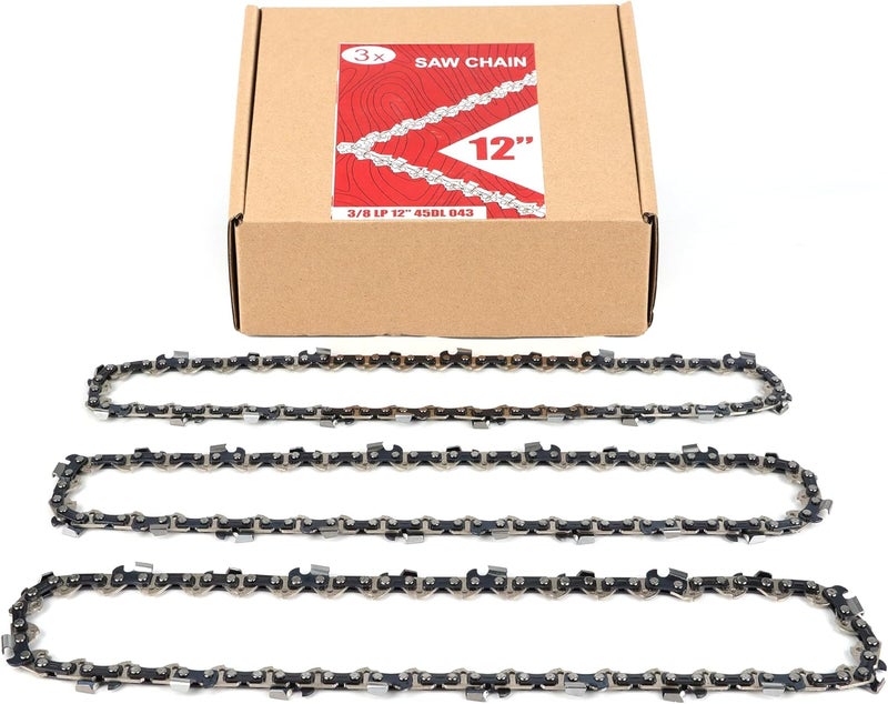 PETOX 3-Pack 12 Inch Chainsaw Chain 45 Drive Links, 3/8" Pitch, 0.043" Gauge, Fit for Craftsman, Black+Decker, Dewalt, Ryobi, Husqvarna Chainsaws and More - DWO1DT612,R45 - Image 1